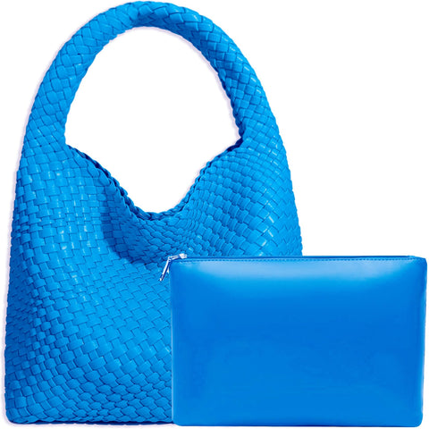 Women Vegan Leather Hand-Woven Tote Handbag Fashion Shoulder Top-handle Bag All-Match Underarm Bag with Purse (Azure blue)