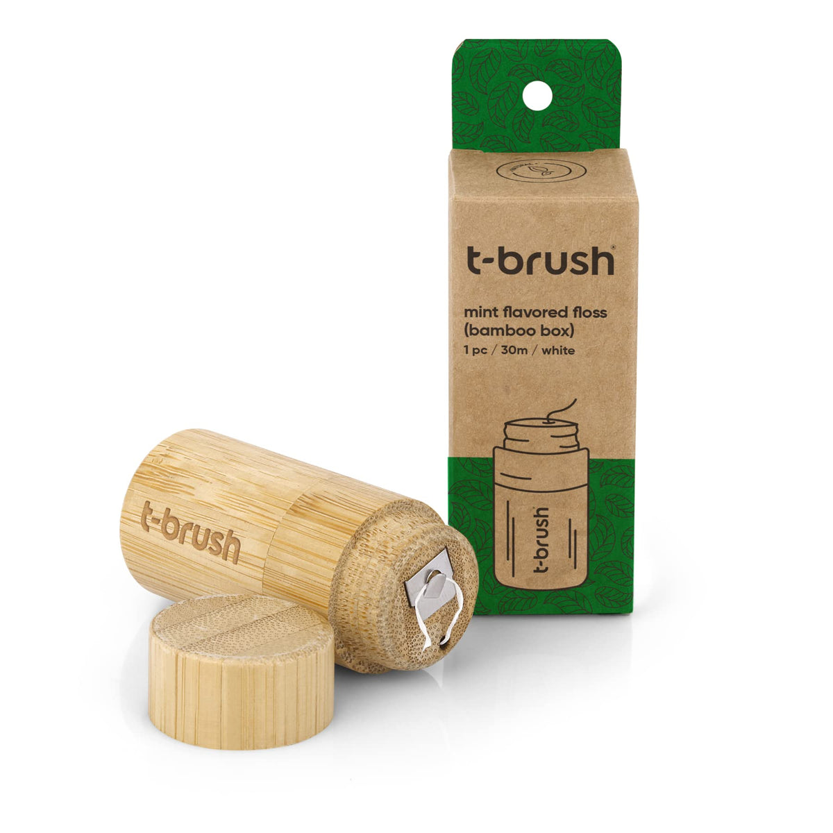 t-brush Dental Floss Mint Flavoured 30m | Within Refillable Bamboo Container | Eco-Friendly Vegan Cruelty-Free BPA Free Craft Packing No Plastic