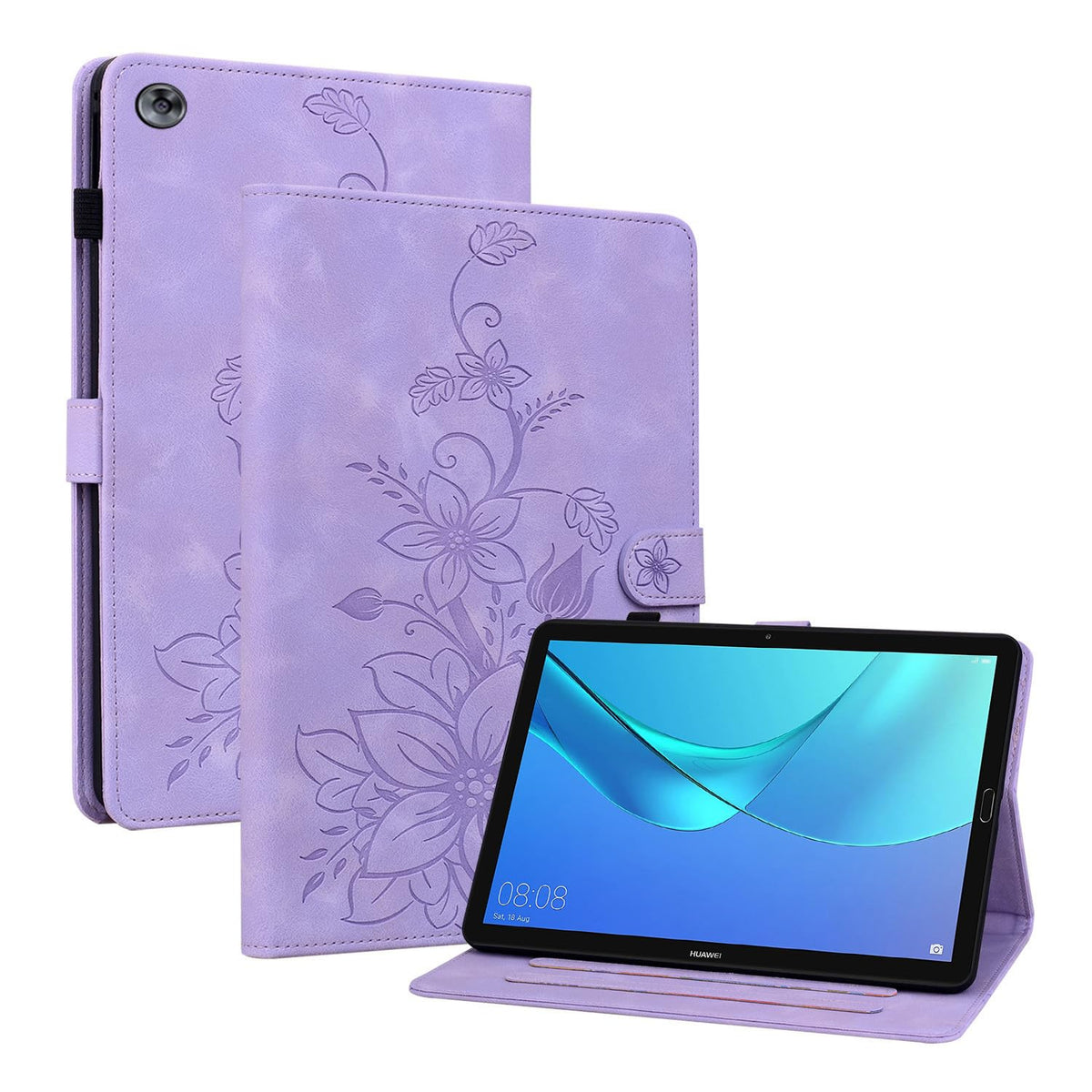 Rosbtib Case for Huawei MediaPad M5/ M5 Pro 10.8 CMR-AL09 CMR-W09, Multi-angle Viewing Faux Leather Protective Case with Card Slots Cover Lily Pattern, Purple