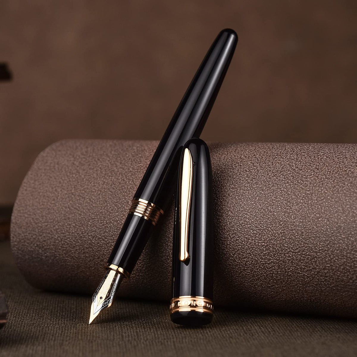 Hongdian 1841 Fountain Pen Extra Fine Nib Black Resin Classic Writing Instrument with Metal Pen Case