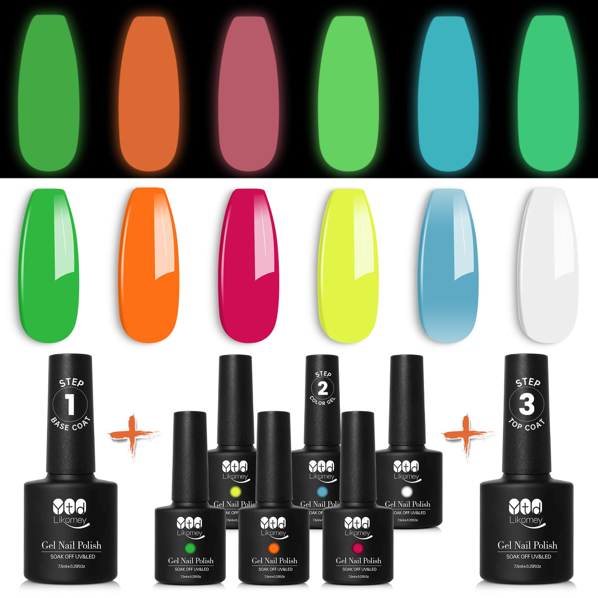 YTD Likomey Glow in the Dark Gel Nail Polish Set,6 Colors with Base Coat and Top Coat Set,Christmas Winter Fluorescent White Neon Green Orange Yellow Blue Luminous UV Nail Gel,8 Pcs 7.5 ml