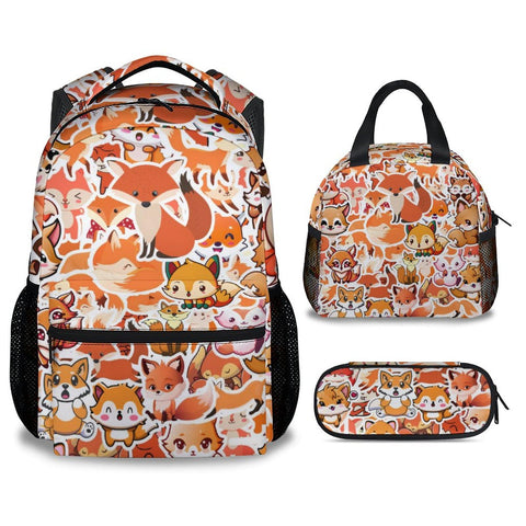 Mercuryelf Fox Girls Boys Backpack with Lunch Box Set, 3 in 1 School Travel Backpacks Matching Combo, Cute Orange Bookbag and Pencil Case Bundle