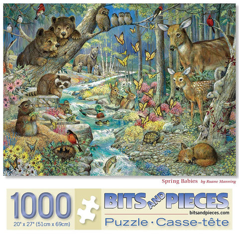 Bits and Pieces - 1000 Piece Jigsaw Puzzle for Adults 24" x 30" - Spring Babies - 1000 pc Forest Animals, Flowing River Jigsaw by Artist Ruane Manning