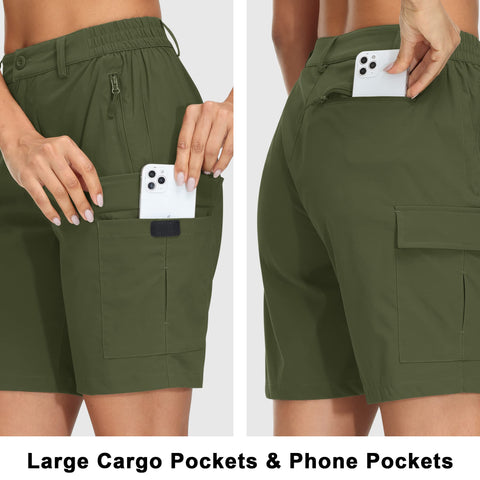 MAGCOMSEN Women Walking Shorts Ladies Lightweight Quick Dry Outdoor Stretch Walking Shorts with Zip Pockets Elastic Waistband Army Green,L