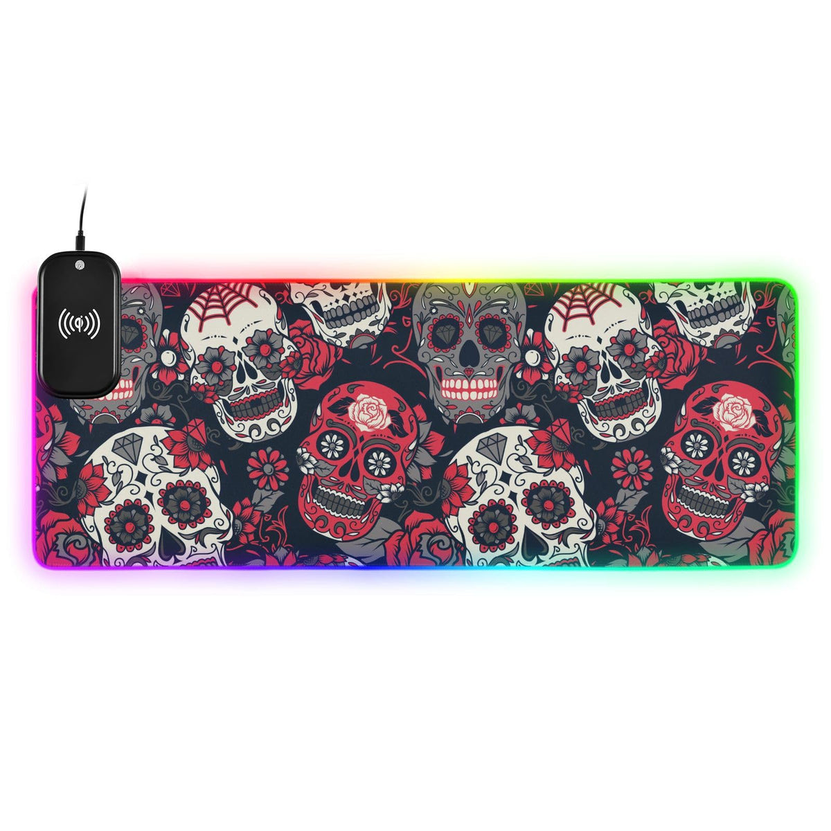 Day of The Dead Colorful Sugar Skull Wireless Charging Mouse Pad for Mobile Phone Extra Large Gaming Mousepad with 13 Lighting Modes Extended Desk Mat for Office Home Gaming MacBook PC Laptop Desk