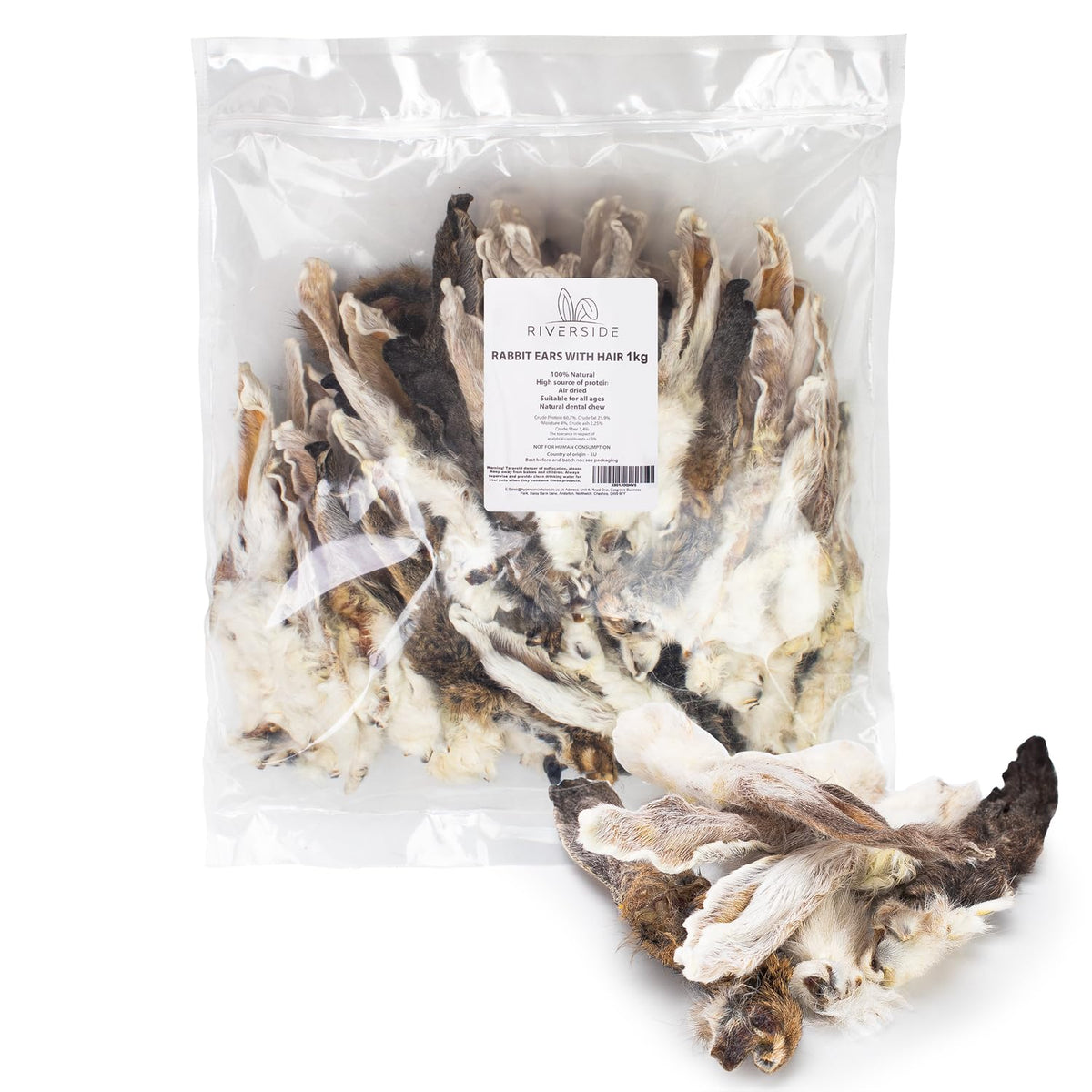 Riverside Rabbit Ears with Fur for Dogs (1kg, 55-65 Ears) - Very, Hypoallergenic, 100% Natural Air-Dried Treats, For All Dogs - Large, Small, Adult, Puppies - Raw Dog Treats - UK COMPANY