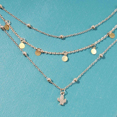 Yheakne Boho Layered Disc Coin Necklace Choker Gold Cactus Pendant Necklace Stacking Satellite Chain Necklace Vintage Multilayer Necklace Chain Jewelry for Women and Girls Gifts