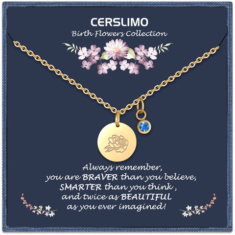 CERSLIMO Birthday Gifts for Her Birth Flower Necklaces, 18K Gold Plated Dainty September Birth Month Birthstone Coin Pendant Necklace Peonies Wildflower Jewelry Gifts for Women