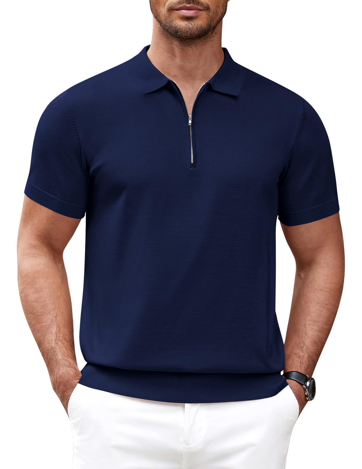 COOFANDY Mens Dress Shirt Zip Up Polo Shirts Short Sleeve Collar Polo Shirts Casual Knit Polo Shirt Fitted Polo Shirts for Men