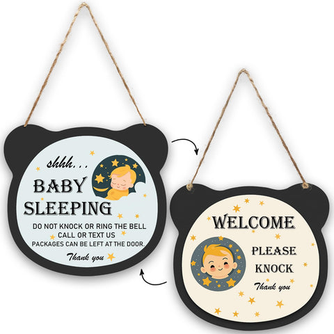 Baby Is Sleeping Sign, Shh Baby Sleeping Sign for Front Door,Wooden Double Sided Hanging Signs for Nursery Infants School Kindergarten & for New Mom New Born Gifts