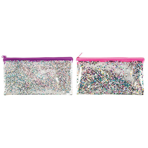 Set of 2 (Pink Hearts Pouch + Purple Stars Pouch) 22x12cm Size Zipper Bag Holographic Glitter Foil Pencil Case | Cosmetic Bag | Transparent | Portable| Makeup| Brush| Storage