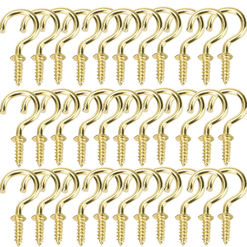50 Pcs Screw-in Ceiling Hooks Screw Hooks Cup Hooks Nickel Plated Hooks for Cabinet Shelf Silver 1 inch (Gold)