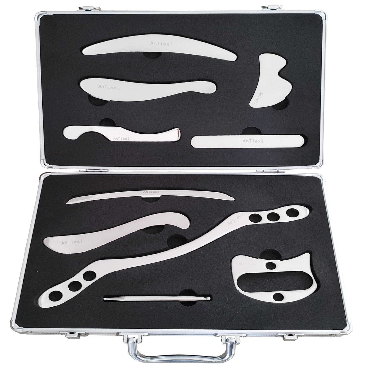 AnTiexi Stainless Steel Gua Sha Scraping Massage Tool Set IASTM Tool Set(10pcs) Great Soft Tissue Mobilization Tool Physical Therapy (AnTiexi05-10set)