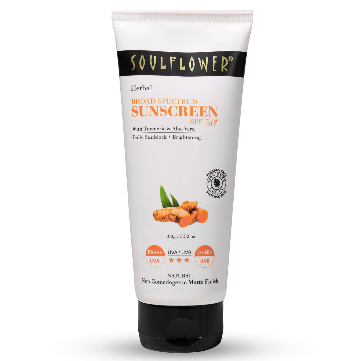 Soulflower Face Sunscreen Spf 50+ With Turmeric, Oil-free Moisturizer, Herbal Broad Spectrum Mineral Based, Light and Non-Sticky, 100g