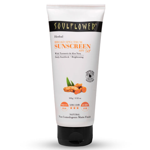 Soulflower Face Sunscreen Spf 50+ With Turmeric, Oil-free Moisturizer, Herbal Broad Spectrum Mineral Based, Light and Non-Sticky, 100g