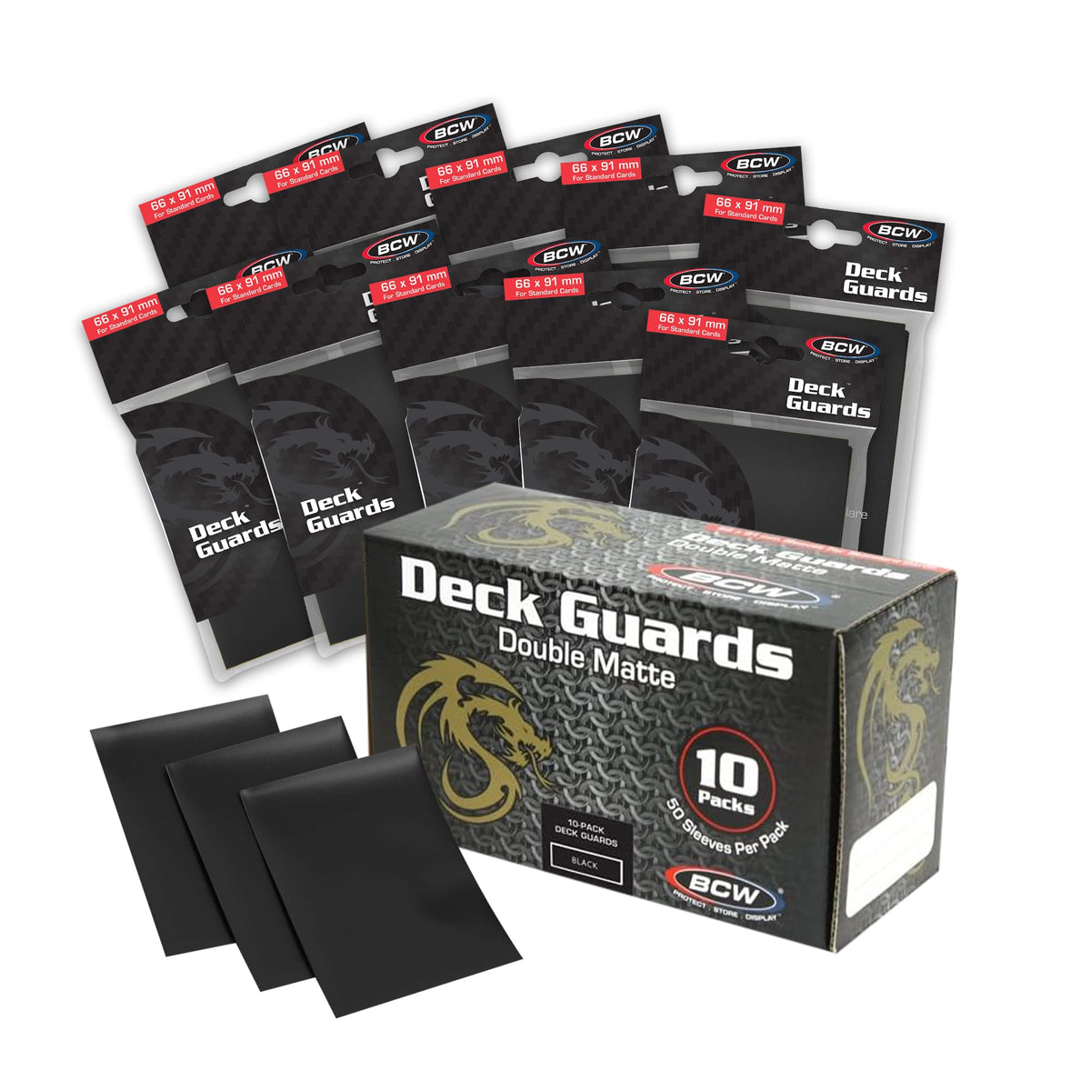 BCW Deck Guard - Double Matte Card Sleeves | 500 Count Box (10 Packs of 50 Sleeves) |Acid-Free, No PVC | Fits 2.5" x 3.5" Game Cards | Archival Safe Sleeves for Card Protection (Black)
