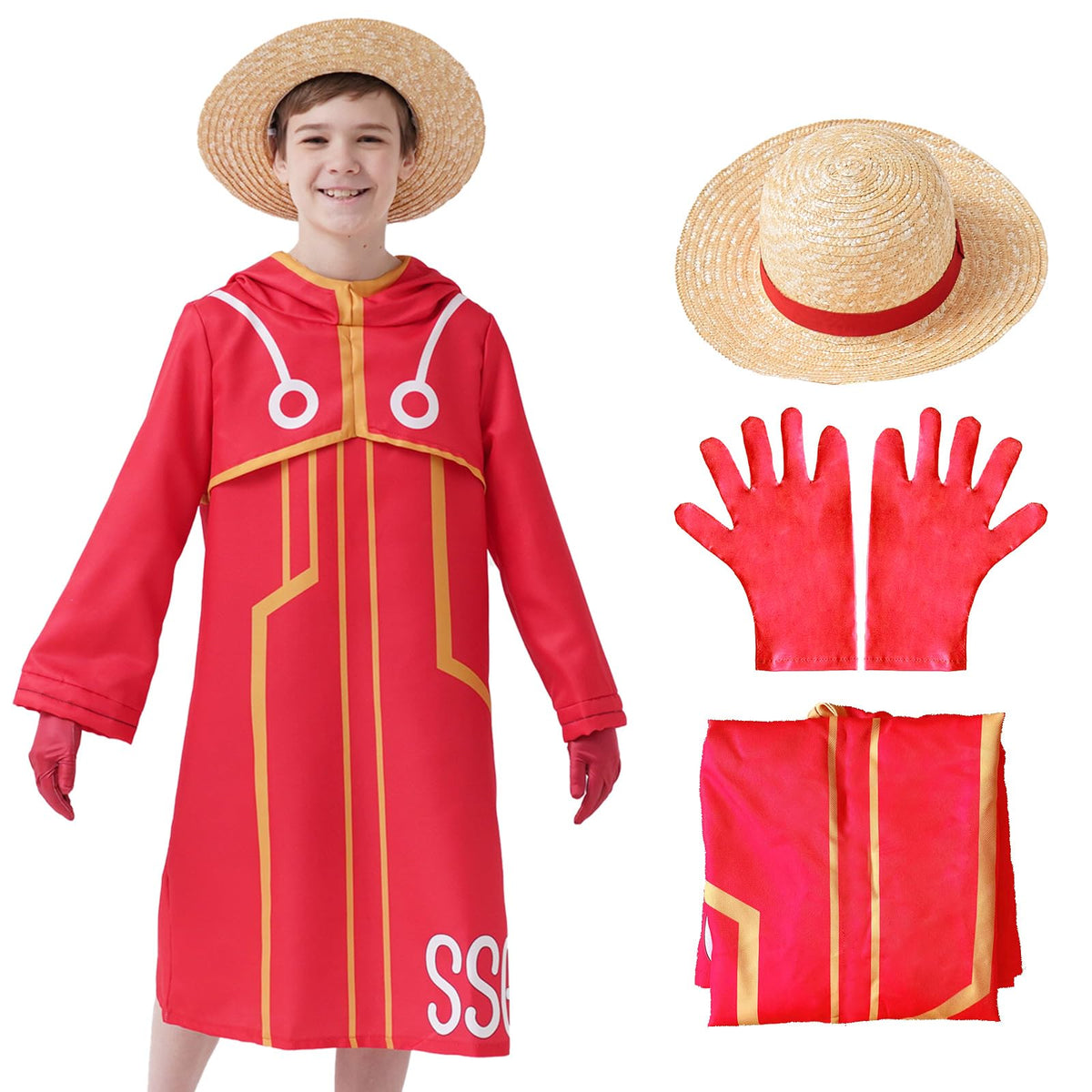 Chipugree Luffy Costume Anime Egghead Luffy Cosplay Outfit Halloween Luffy Robe Jacket with Straw Hat for Kids Adult, 150, Red