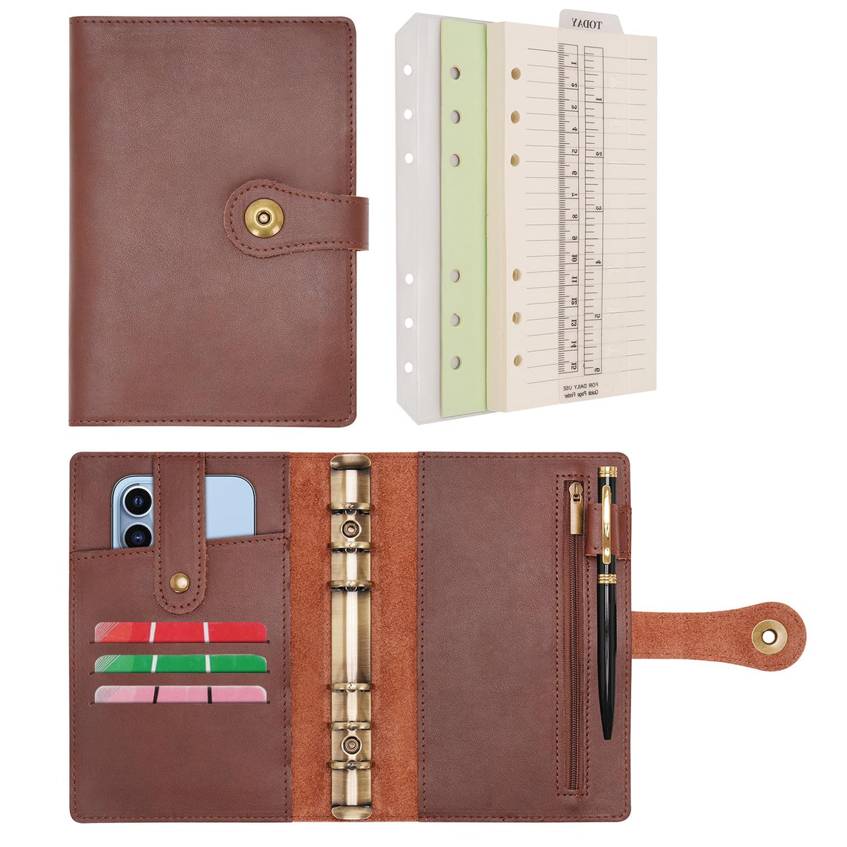 WONDERPOOL A6 Binder Travel Diary Journal Notebook, College Ruled Paper Refillable, Leather Budget Binder Rings Organizer with Pen for Office School Business Planning Writing (Coffee,A6)