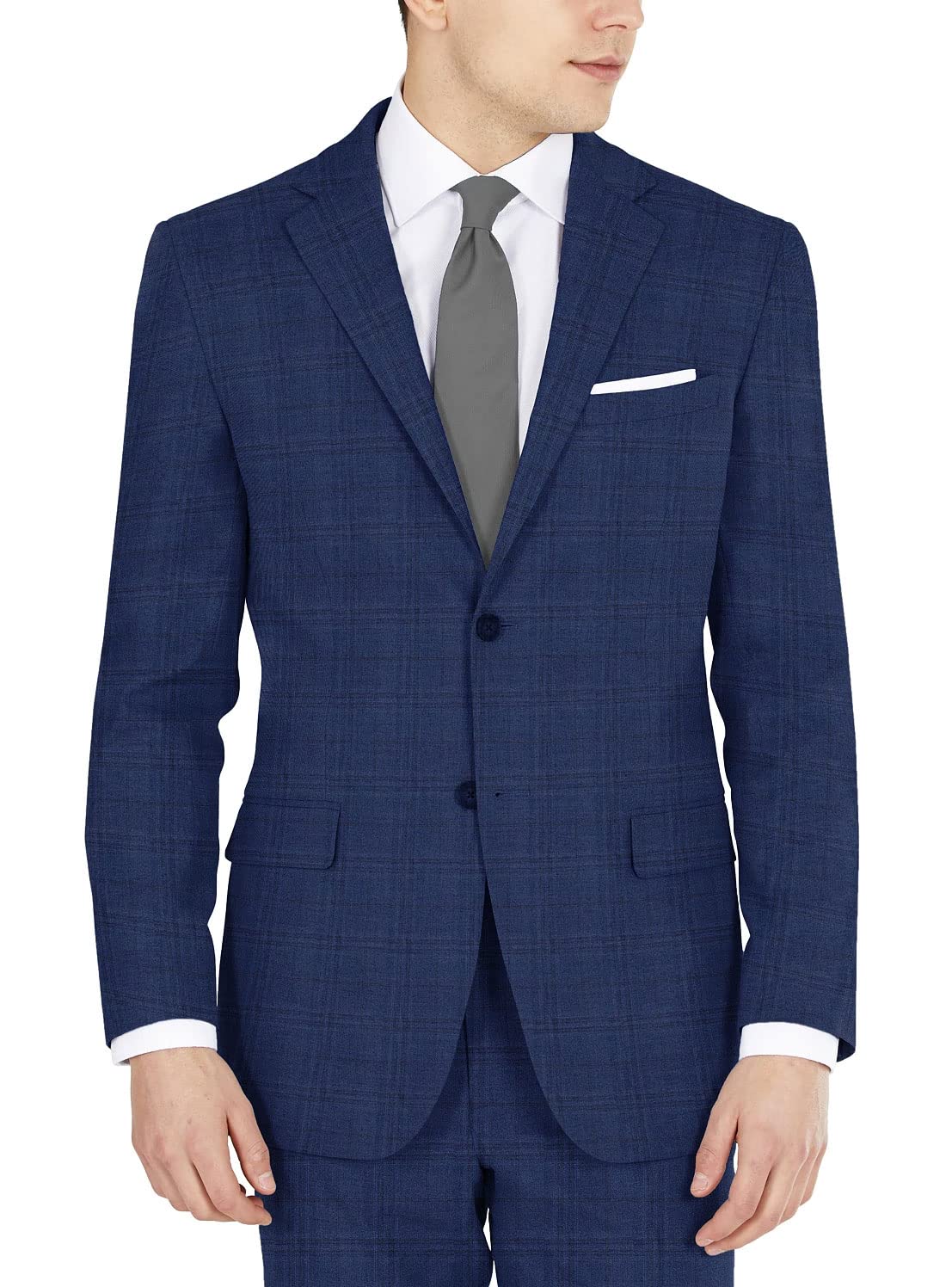 DKNY Men's Modern Fit High Performance Separates Business Suit Jacket, Blue Plaid, 46 Short