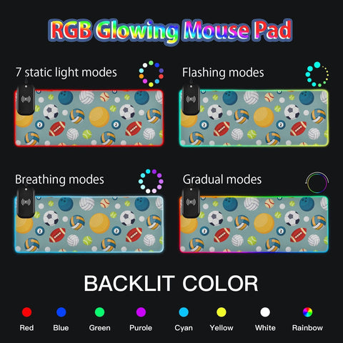 Basketball Football Volleyball Rugby Wireless Charging Mouse Pad for Mobile Phone Extra Large Gaming Mousepad with 13 Lighting Modes Keyboard Mat for Gaming MacBook PC Laptop Desk Home Office