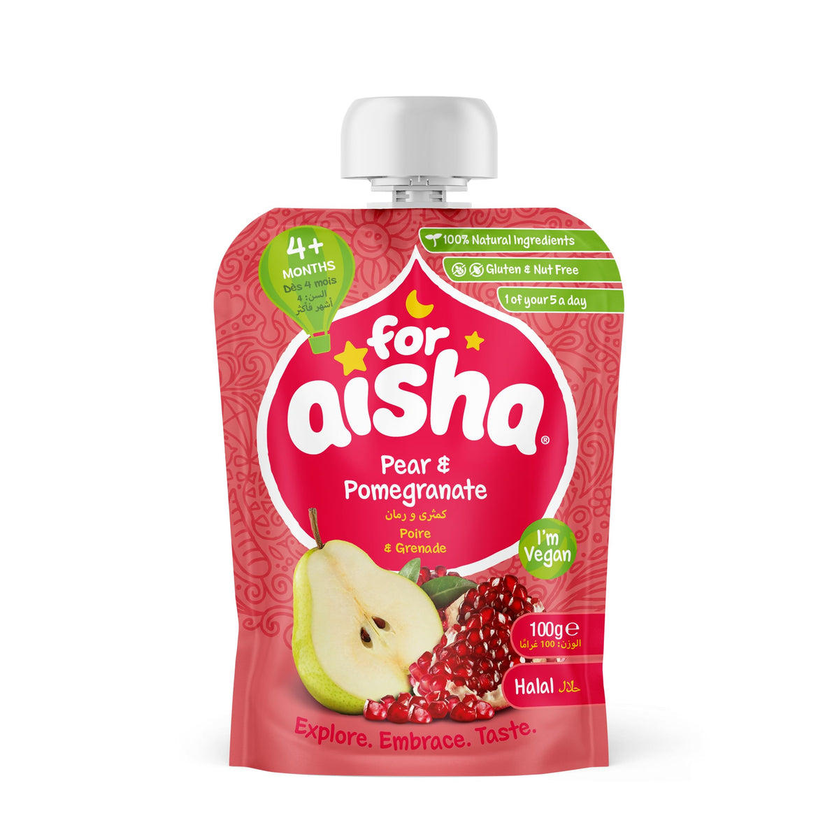 For Aisha Pear & Pomegranate Fruit Pouch, Pack of 8 x 100g, from 4 Months +, Baby Food Pouch. Dairy Free, Gluten Free, Nut Free, Vegan, Halal, Soy Free