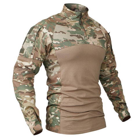 CARWORNIC Men's Tactical Military Combat Shirt Long Sleeve Slim Fit Camo Airsoft T Shirt with Zipper