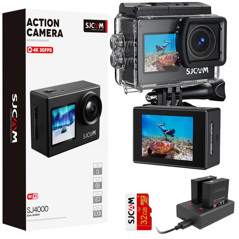 SJCAM Upgraded SJ4000 Action Camera 4K Ultra HD Dual Screen Underwater Camera 98FT Waterproof, 170Ãƒâ€šÃ‚Â° Wide Angle, Stabilization, 5X Zoom, WiFi Camera with Extra Battery, SD Card, Helmet Accessory Kit