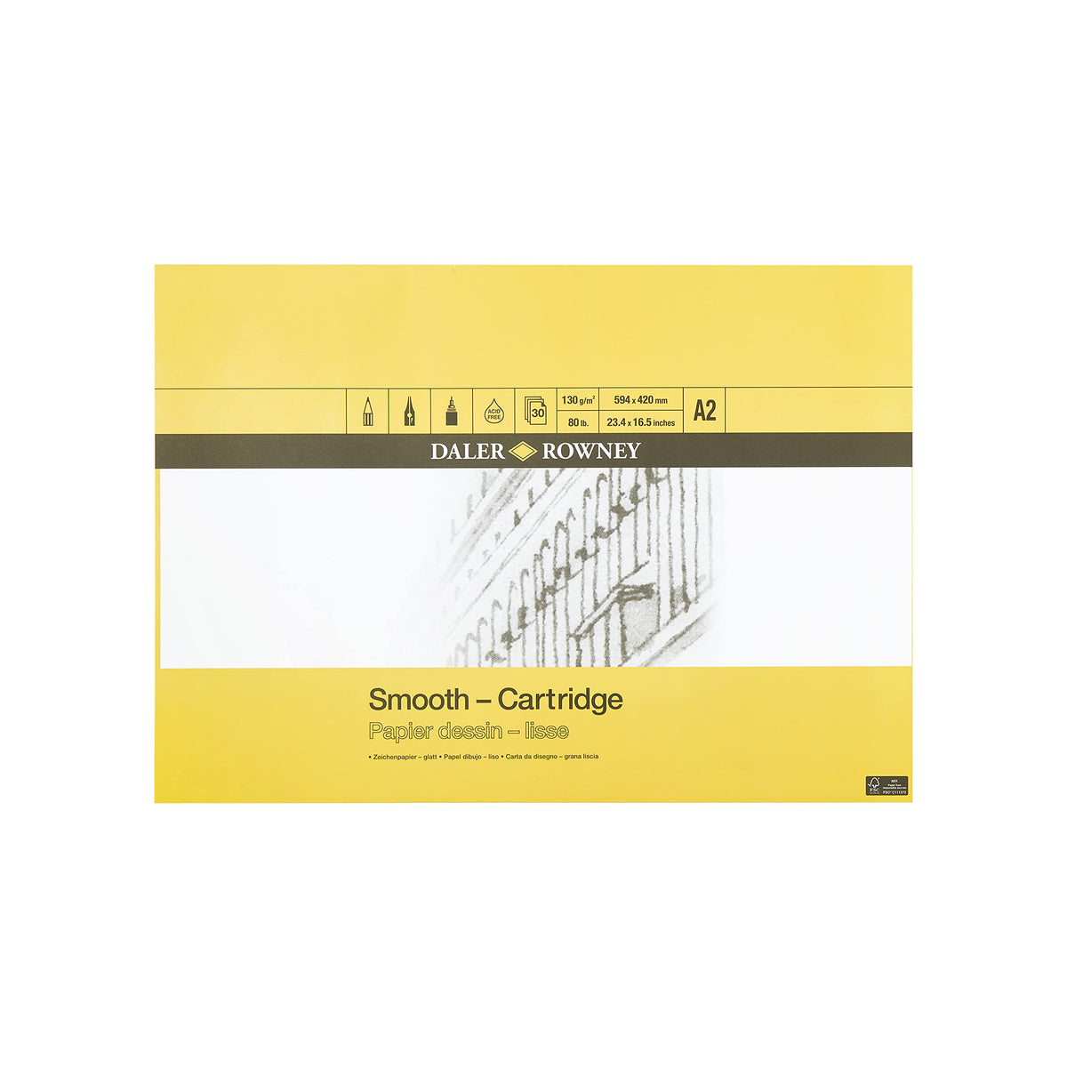 Daler-Rowney Smooth 130gsm A2 Cartridge Drawing Paper, Glued 1 Side, Acid-free, 30 Natural White Sheets, Ideal for Professional Artists & Students