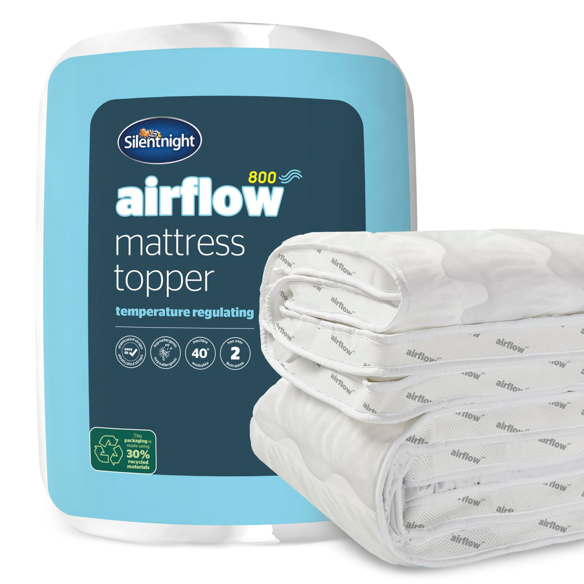Silentnight Airflow 800 Double Mattress Topper - Extra Thick Deep Fitted Mattress Enhancer with 8cm Thick Cushioning, Mesh Sides to Increase Airflow and Elasticated Straps - Double - 190x135cm , White