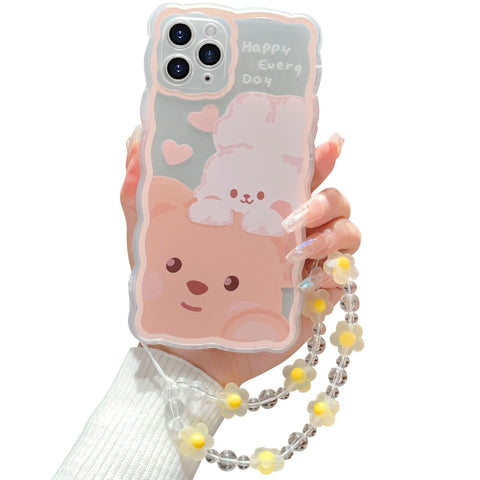 ZSYTZL Compatible with iPhone 11 Pro Case Cute Cartoon Little Bear Rabbit Pattern with Cute Chain Design for Women Girls Aesthetic Kawaii Slim Soft TPU Transparent Case for iPhone 11 Pro-Bear Rabbit