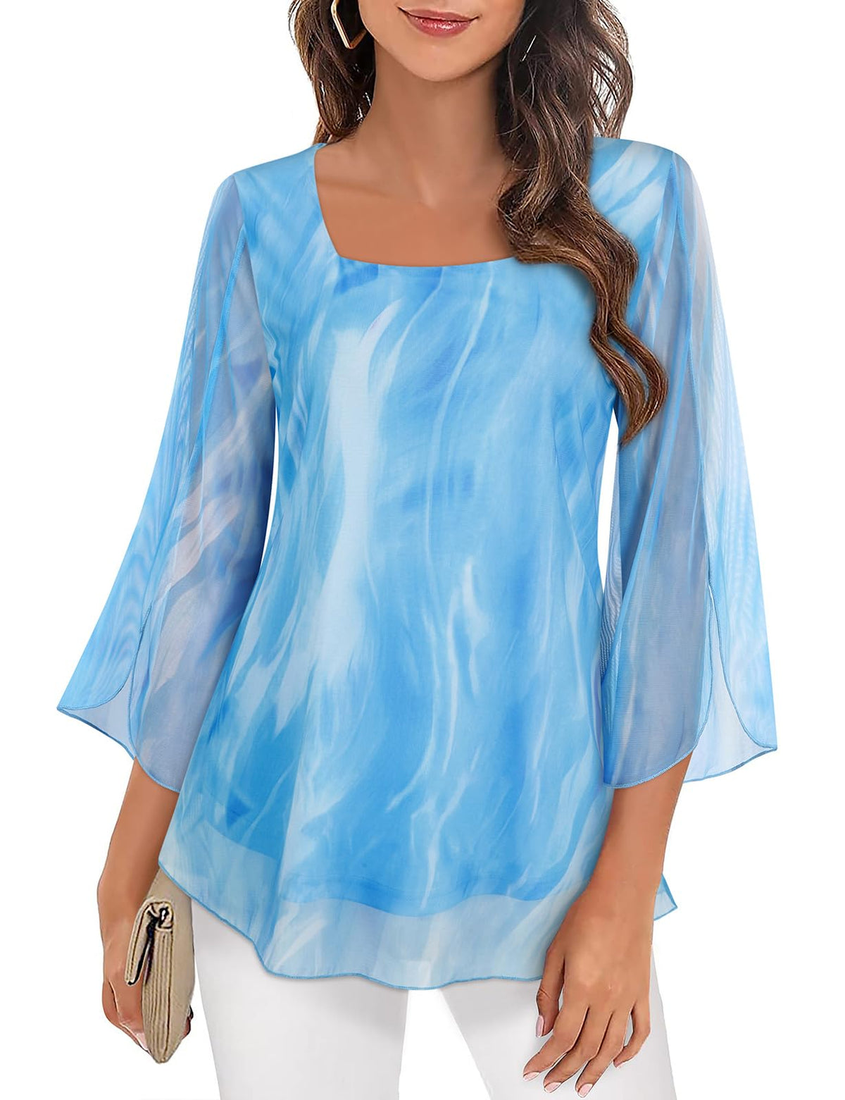 Womens Plus Size Blouse, Laides 3/4 Sleeve Chiffon Blouse Casual Square Neck Tunic Tops With Leggings Flattering Flowy Blouse Shirts Blue