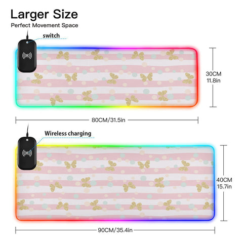 Glittering Butterflies Wireless Charging Mouse Pad for Mobile Phone Extra Large Gaming Mousepad with 13 Lighting Modes Extended Desk Mat for Office Home Gaming MacBook PC Laptop Desk