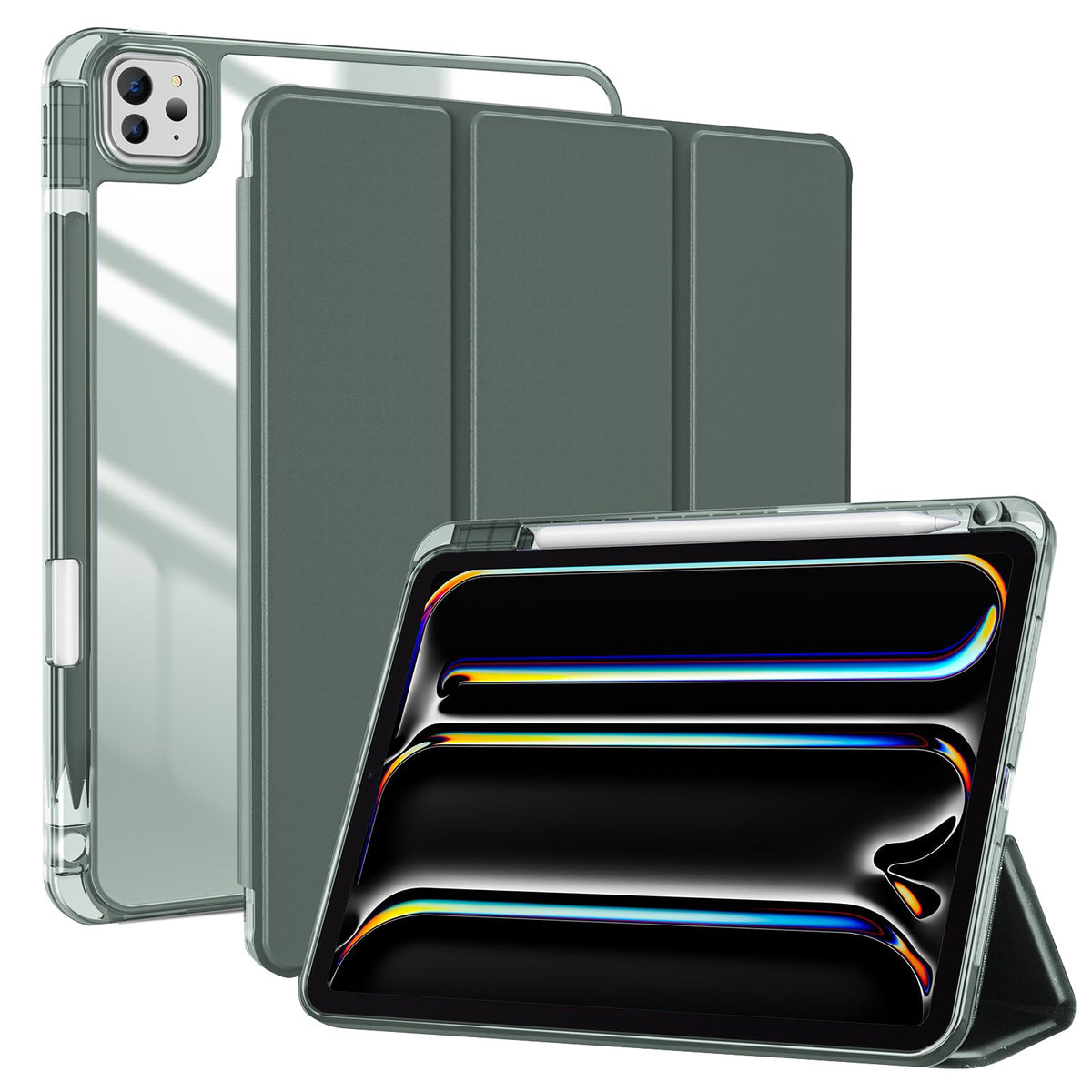 ProCase for iPad Pro 13 Inch Case 2024 (M4/7th Gen) With Pencil Holder, 2024 iPad 13 Pro Case Clear Transparent Back, Soft TPU Bumper iPad Pro M4 13 Inch Cover, Auto Sleep/Wake -Olivegreen