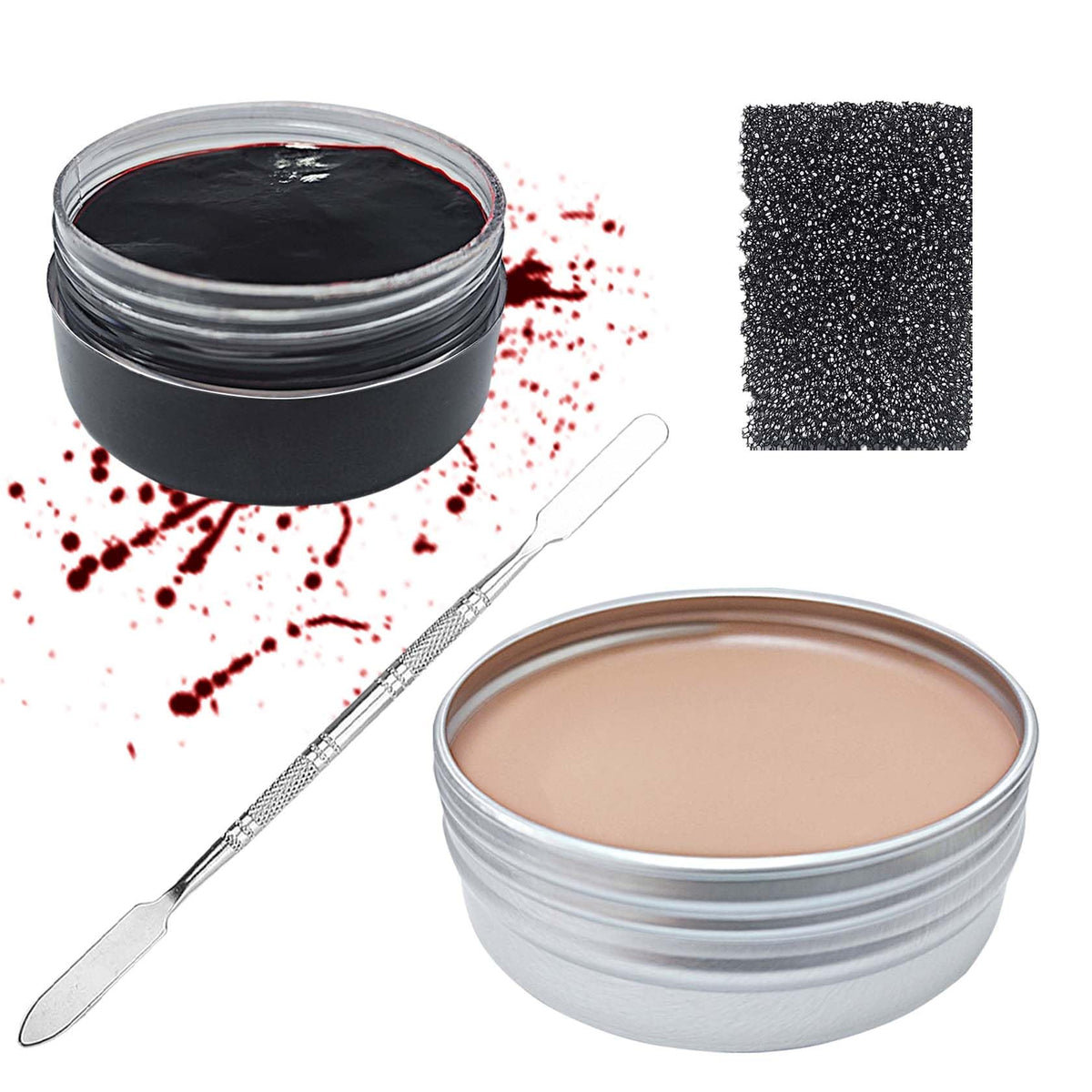 4 Pcs Scar Wax Fake Modeling Wound Special Effects Halloween SFX Makeup Kit With Scab Coagulated Fake Blood Makeup Gel,Spatula & Stipple Sponge,for Halloween Zombie Stage Skin Wax Makeup