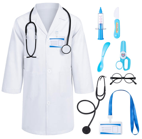 Doctor Costume for Kids Scrubs White Coat with Accessories Set Toddler Children Cosplay 7-8 Years