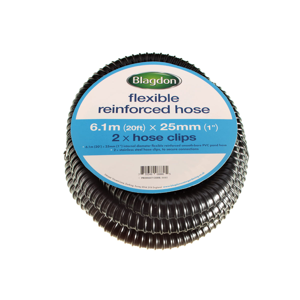 Blagdon Flexible Reinforced Pond Tubing, 6.1m (20ft) x 25mm (1”) Internal Diameter, Smooth-bore PVC Pond Tubing, Includes 2 stainless steel Hose Clamps, Corrugated, Tough and Strong Tubing