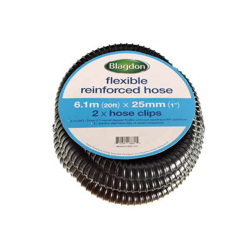 Blagdon Flexible Reinforced Pond Tubing, 6.1m (20ft) x 25mm (1”) Internal Diameter, Smooth-bore PVC Pond Tubing, Includes 2 stainless steel Hose Clamps, Corrugated, Tough and Strong Tubing