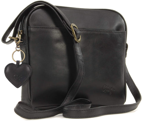 Gigi - WomenÃƒÆ’Ã†â€™Ãƒâ€šÃ‚Â¢ÃƒÆ’Ã‚Â¢ÃƒÂ¢Ã¢â€šÂ¬Ã…Â¡Ãƒâ€šÃ‚Â¬ÃƒÆ’Ã‚Â¢ÃƒÂ¢Ã¢â€šÂ¬Ã…Â¾Ãƒâ€šÃ‚Â¢s Small Leather Cross Body Handbag - Shoulder Bag with Long Adjustable Strap - OTHELLO 22-29 - with heart keyring charm - Black