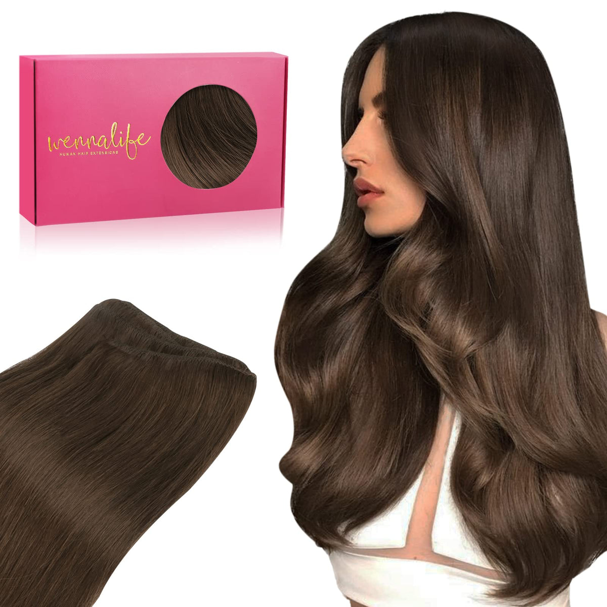 WENNALIFE Sew in Hair Extensions Real Human Hair, 16 Inch 80g Chocolate Brown Machine Weft Hair Extensions Human Hair Hand Tied Weft Hair Extensions Sew In