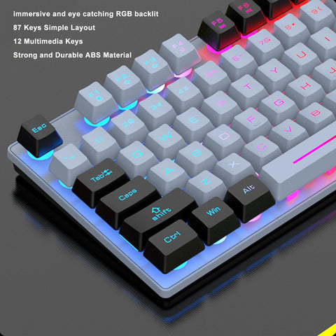 ciciglow Gaming Keyboard, 87 Keys Wired Keyboard Easy Connection RGB Backlit Color Multimedia Control Wired Mechanical Keyboard ABS Keycaps