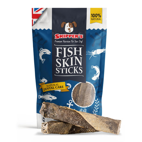 SKIPPER'S Fish Skin Dental Sticks - Natural Dog Dried Treats, Low in Fat Healthy Chews, Long Lasting Grain Free Dog Treat | White-Fish Skin Sticks For Dogs (Regular, 250g)