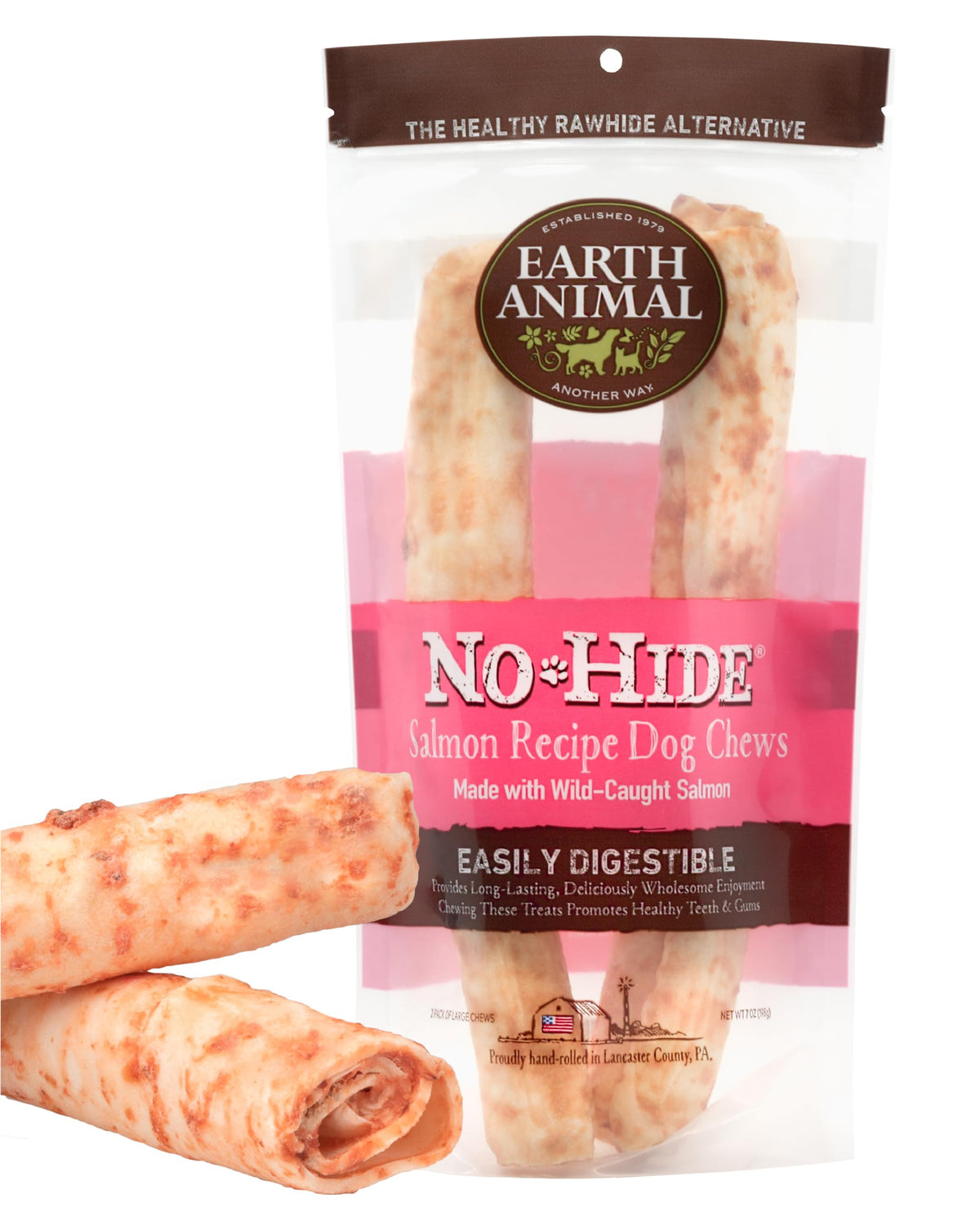 Earth Animal No Hide Large Salmon Flavored Natural Rawhide Free Dog Chews Long Lasting Dog Chew Sticks | Dog Treats for Large Dogs | Great Dog Chews for Aggressive Chewers