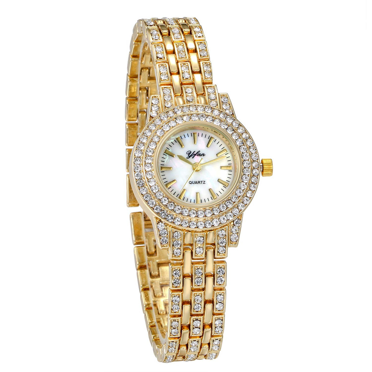 JewelryWe Women Watches Gold Tone Alloy Rhinestone Quartz Watch Stylish Bling Dress Watch Wristwatches