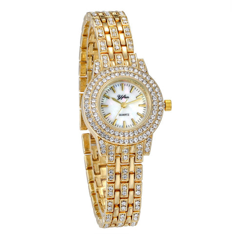 JewelryWe Women Watches Gold Tone Alloy Rhinestone Quartz Watch Stylish Bling Dress Watch Wristwatches