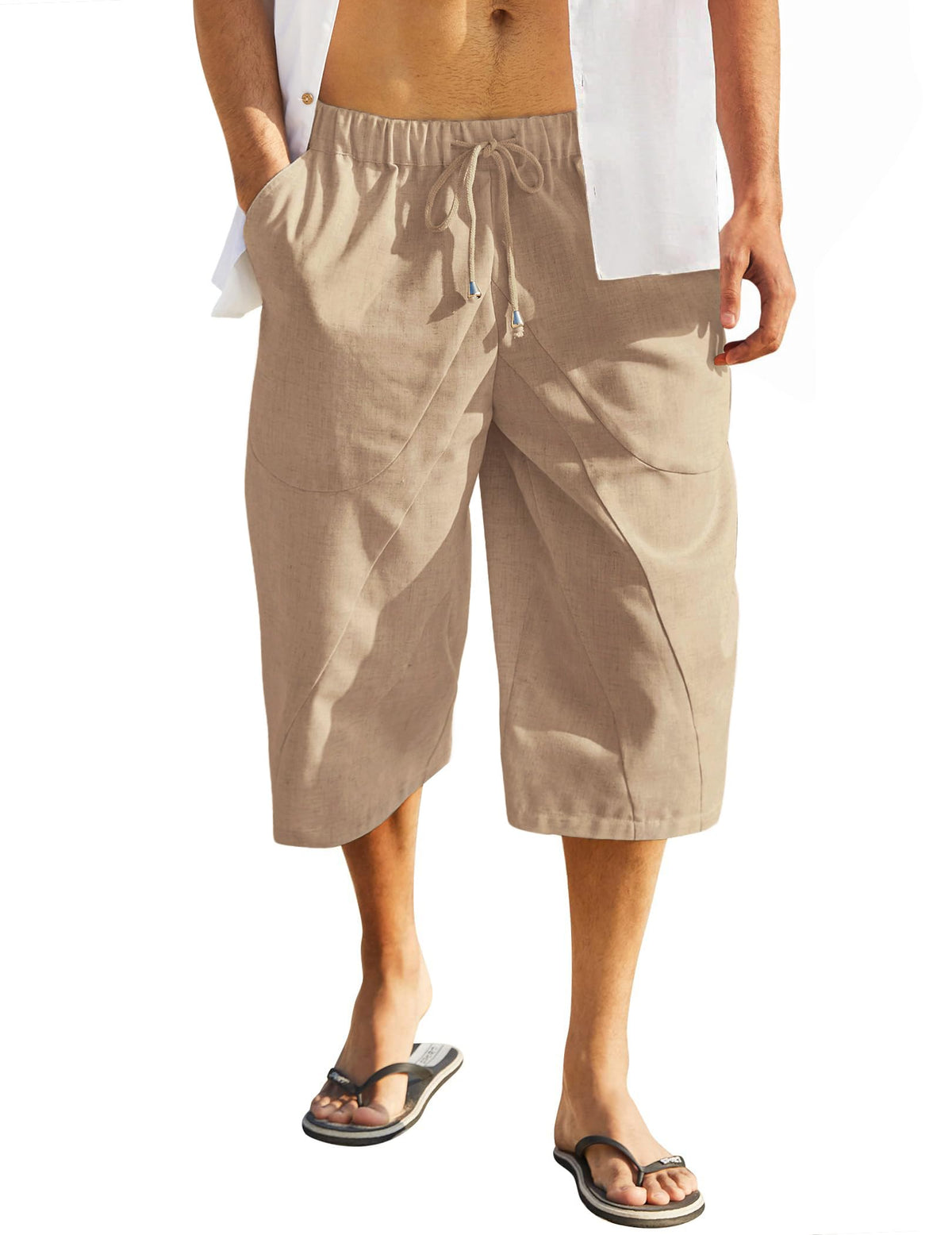 COOFANDY Mens Yoga Pants with Pockets Harem Baggy Capri Pants Drawstring Linen Capris Summer Beach Pants, Dark Khaki, XL