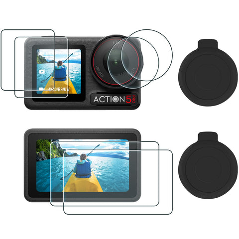 AMAZEAR (2 Pack Screen Protector Film for DJI Osmo Action5 Pro,Includes 2 lens silicone covers,Tempered glass protective film for DJI Action 5 Pro Accessories,Ultra HD,9H Hardness,Scratch Resistant