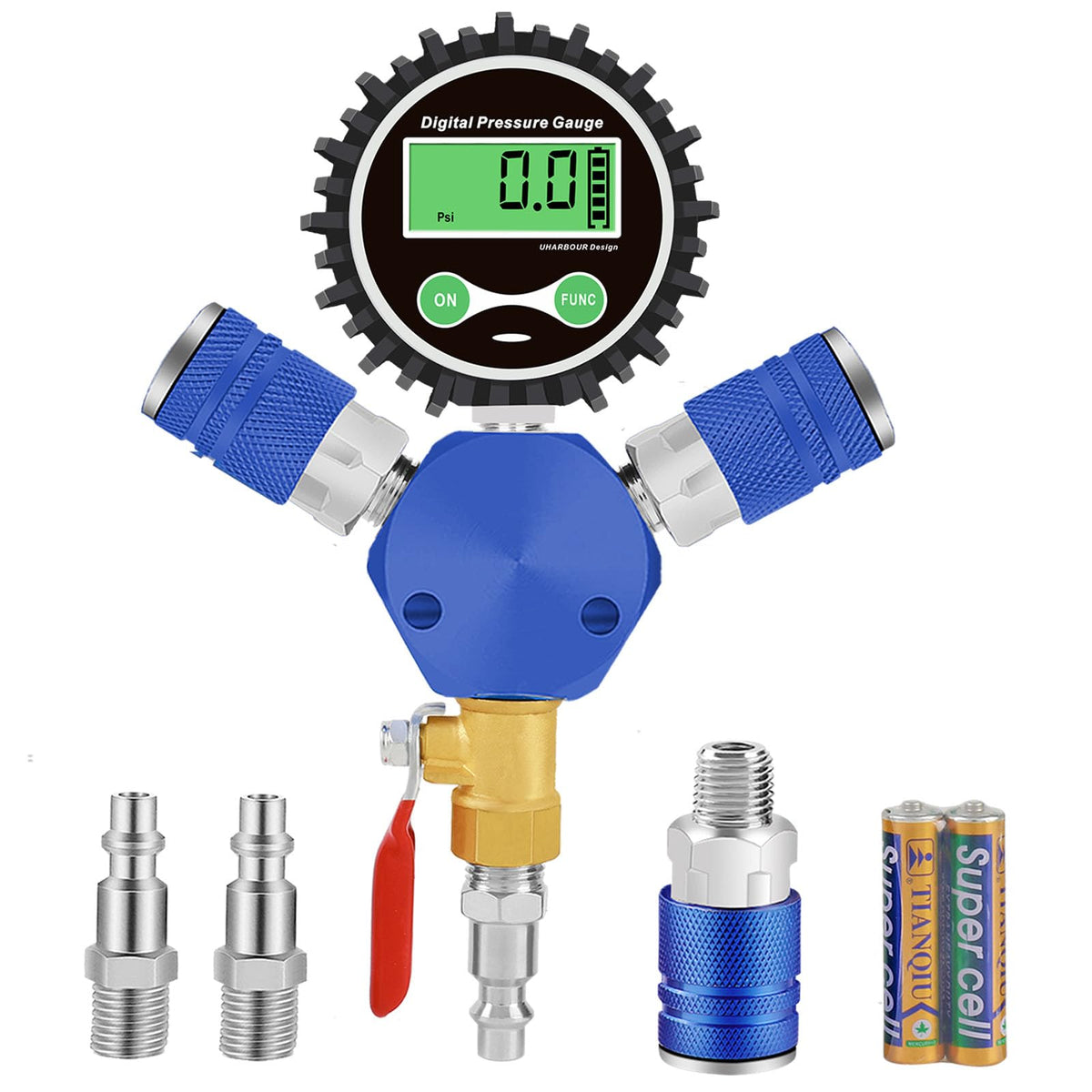 Uharbour Air Manifold with 200 Psi Digital Pressure Gauge, Air Hose Splitter with 1/4" NPT Quick Connector and 1/4" NPT Brass Valve, DIY 4 Tire Inflation System