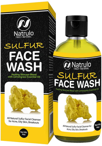 Natrulo Sulfur Facial Cleanser for Oily Skin - 4oz Liquid, All Natural Ingredients, Absorbs Excess Oil, Reduces Breakouts, Sulfur 10% - USA Made