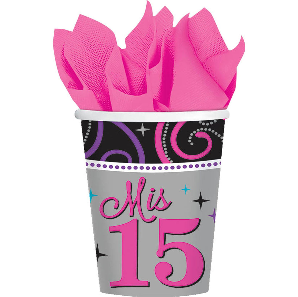 Elegant Mis Quince AÃƒÆ’Ã†â€™Ãƒâ€šÃ‚Â±os Birthday Party Paper Cups Drinkware (8 Pack), Black/Gray, 9 oz.