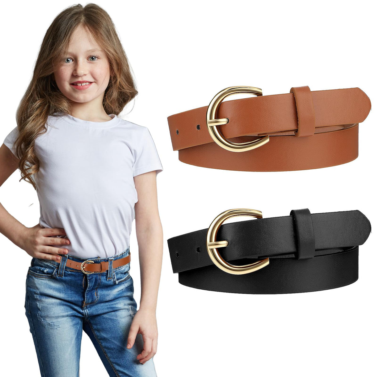 2 PCS Girls Belt 32.3" Elastic Leather Kids Belt, Exquisite Comfortable Skinny Strappy Waist Belt with Double O Ring Buckle (Black/Camel)